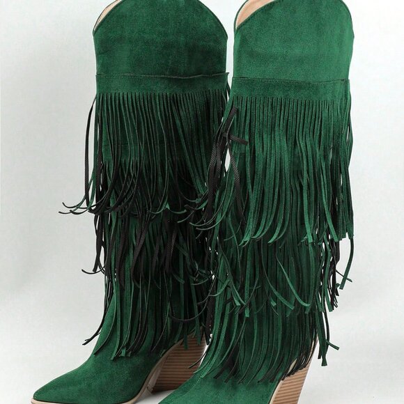 Green Western Women's Knee-High Faux Suede Cowboy Boots - Picture 6 of 7